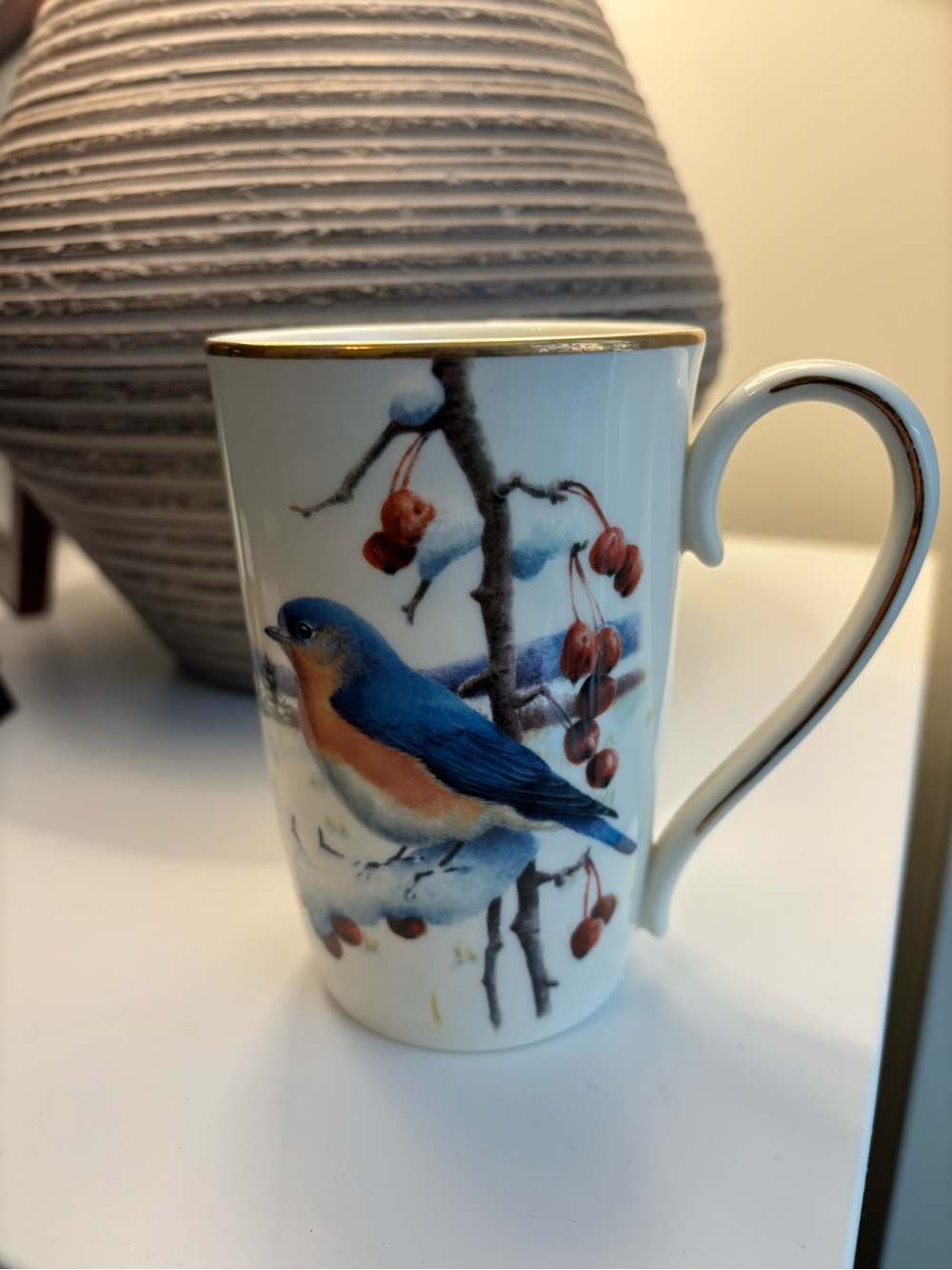 Lenox Blue and Orange Songbird Porcelain Mug with Gold Trim and Handle Accent